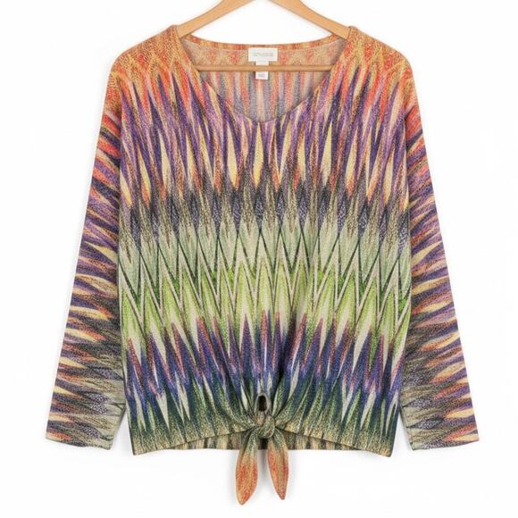 Chico's Women's L 12/14 Boho Glam Festival Artsy Metallic Tie Front Knit Top - Picture 1 of 11